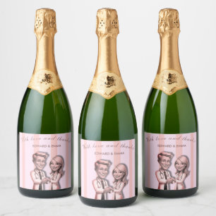 White and pink doctors couple newlyweds sparkling wine label