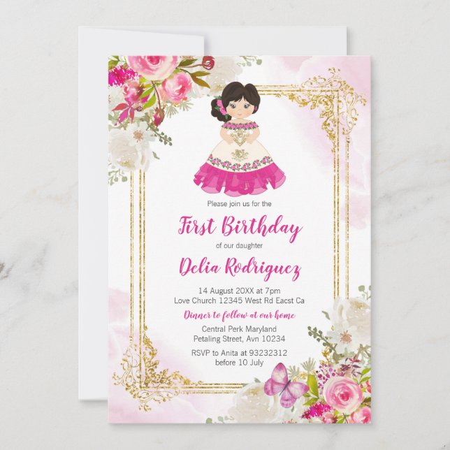 White and Pink Dress Mexican Girl First Birthday 1 Invitation (Front)