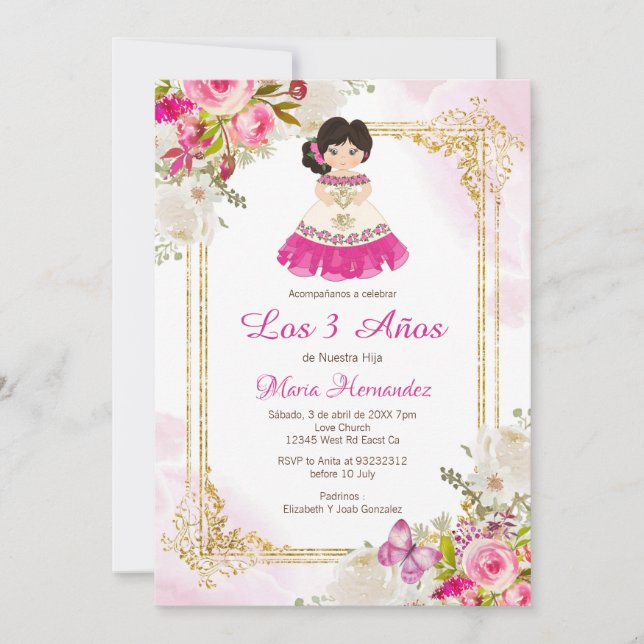 White and Pink Dress Mexican Girl Third Birthday 1 Invitation (Front)