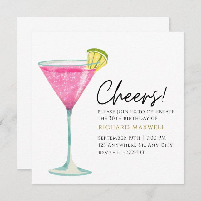 White and Pink Elegant Cocktail Party Birthday  Invitation (Front/Back)
