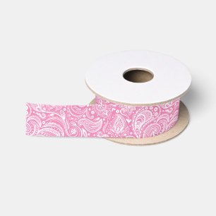 White and Pink Floral Paisley Satin Ribbon