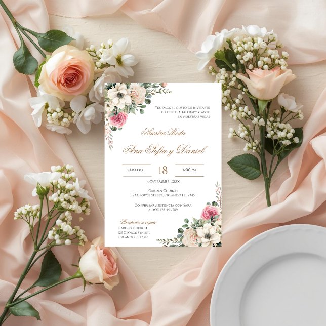 White and pink floral Spanish wedding Invitation (Creator Uploaded)