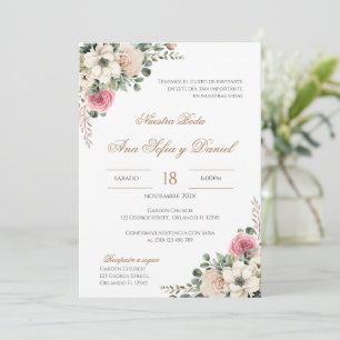 White and pink floral Spanish wedding Invitation