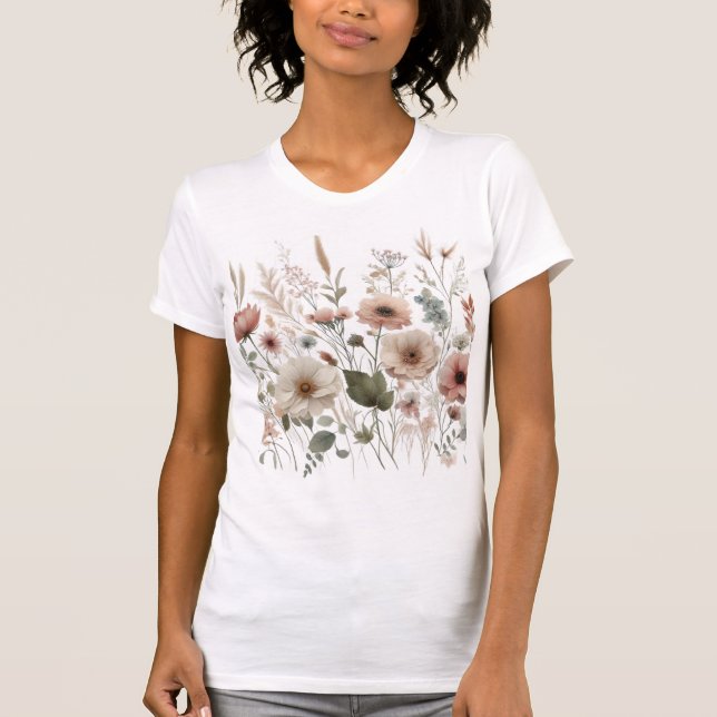 White and pink floral wildflowers T-Shirt (Front)