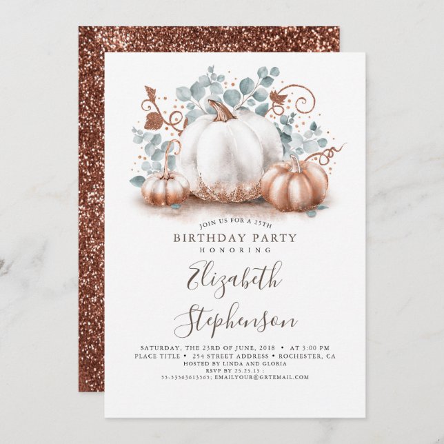 White and Pink Gold Pumpkins Fall Harvest Birthday Invitation (Front/Back)