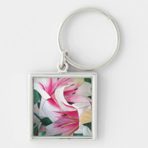 White and Pink Lily flower watercolor original art Key Ring
