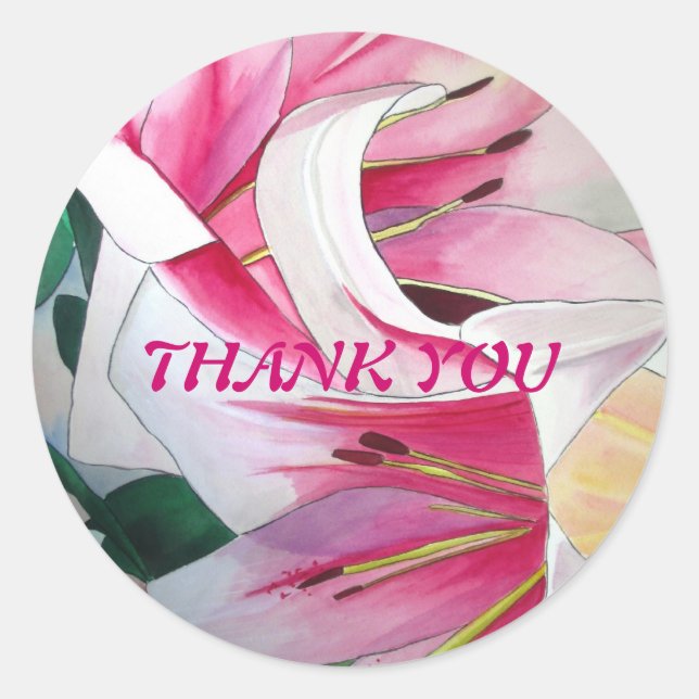 White and pink lily Triumphator flower Thank You Classic Round Sticker (Front)