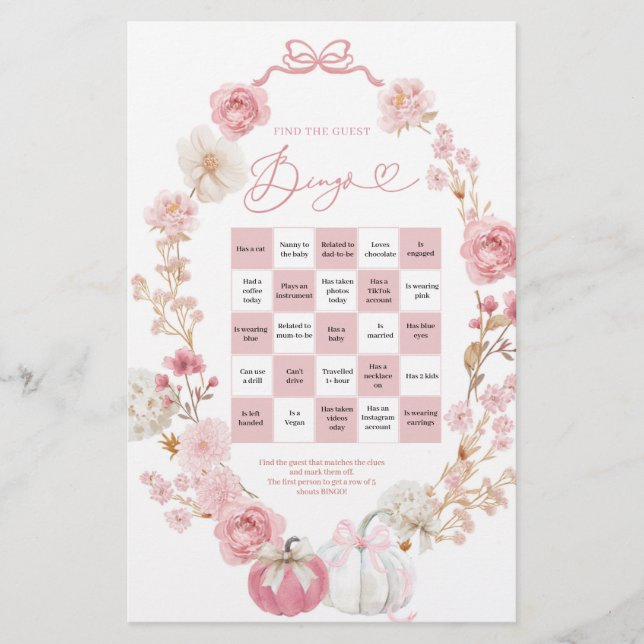 White and Pink Little Pumpkin Find The Guest Bingo (Front)