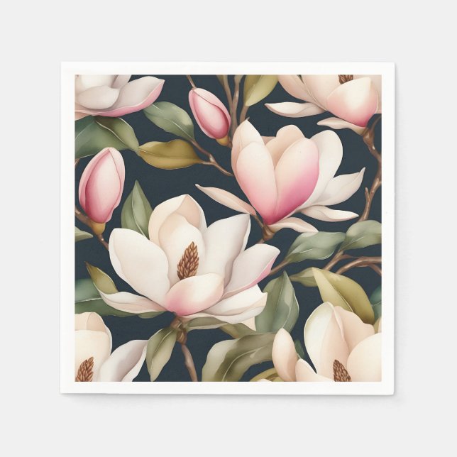 White And Pink Magnolia Flowers Pattern Napkin (Front)