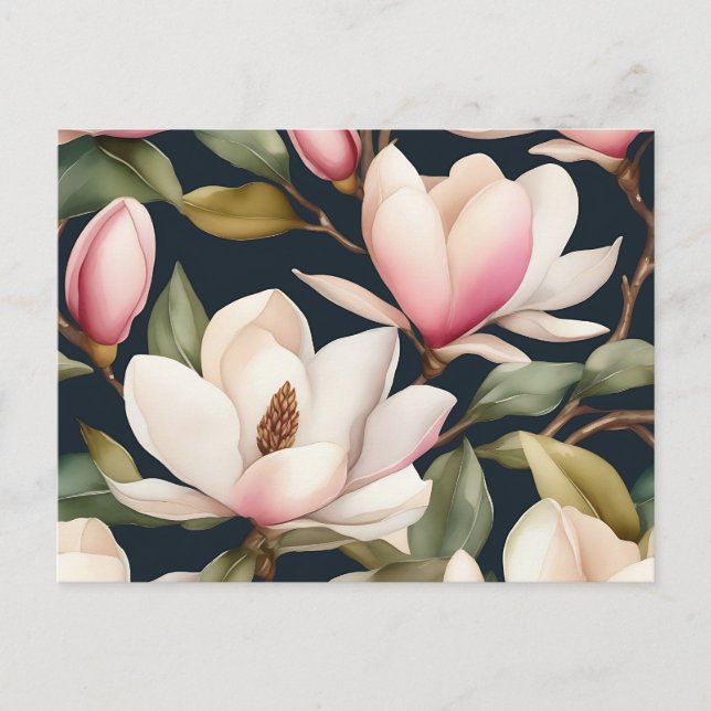 White And Pink Magnolia Flowers Pattern Postcard (Front)