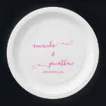 White and Pink Minimalist Elegant Script Wedding  Paper Plate<br><div class="desc">White and Pink Minimalist Elegant Script Wedding Paper Plates These wonderful elegant party plates are perfect for weddings, bridal showers, baby showers, birthdays, baptisms, graduations, and more. They offer a minimalist classy design with elegant pink script on a simple white background. Two lines of bright pink coloured text are included...</div>
