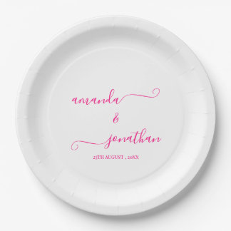 White and Pink Minimalist Elegant Script Wedding Paper Plate