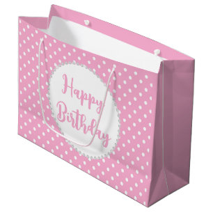 White and Pink Polka Dots and Diamonds Birthday Large Gift Bag