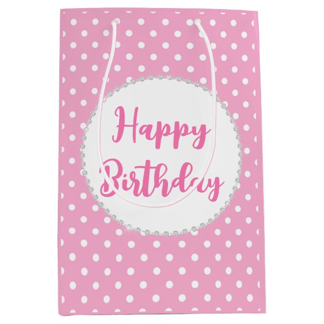 White and Pink Polka Dots and Diamonds Birthday Medium Gift Bag (Front)