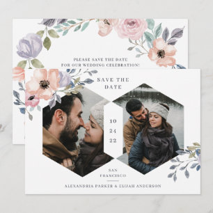 White and Pink Rose Geometric Floral Two Photo Save The Date
