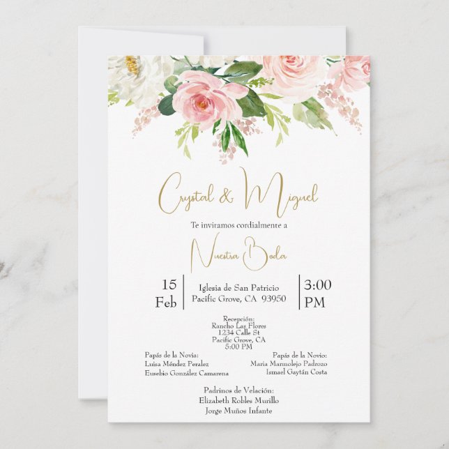 White and Pink Rose wedding invitation in Spanish  (Front)