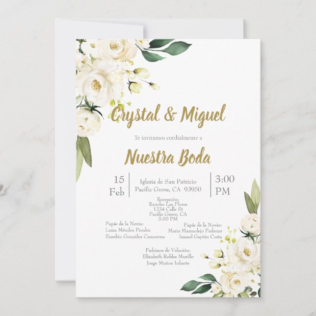 White and Pink Rose wedding invitation in Spanish  (Front)