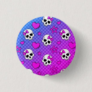 White and pink skull and hearts pattern 3 cm round badge