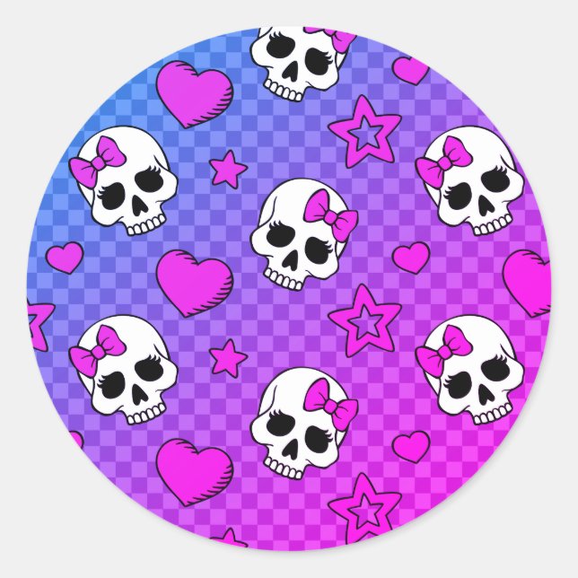 White and pink skull and hearts pattern classic round sticker (Front)