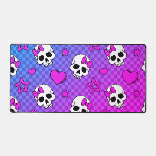 White and pink skull and hearts pattern desk mat