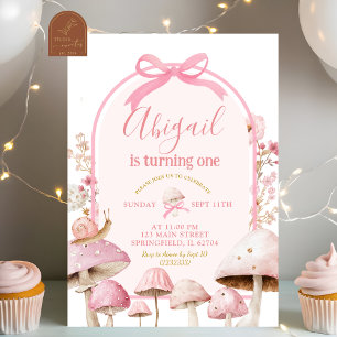 White and Pink Snail and Mushroom Forest Birthday Invitation
