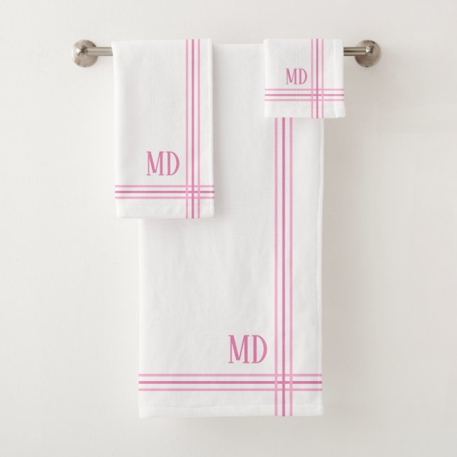 White and Pink Striped Custom Initials Bath Towel Set (Insitu)