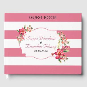 White And Pink Stripes Pattern And Flowers Guest Book