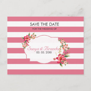 White And Pink Stripes- Save The Date Announcement Postcard