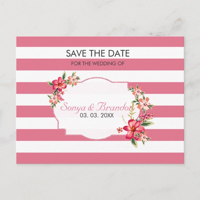 White And Pink Stripes- Save The Date Announcement Postcard (Front)