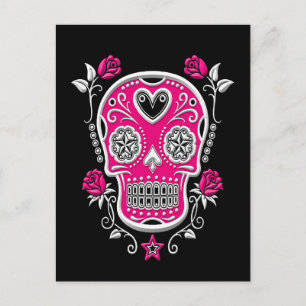 White and Pink Sugar Skull with Roses on Black Postcard
