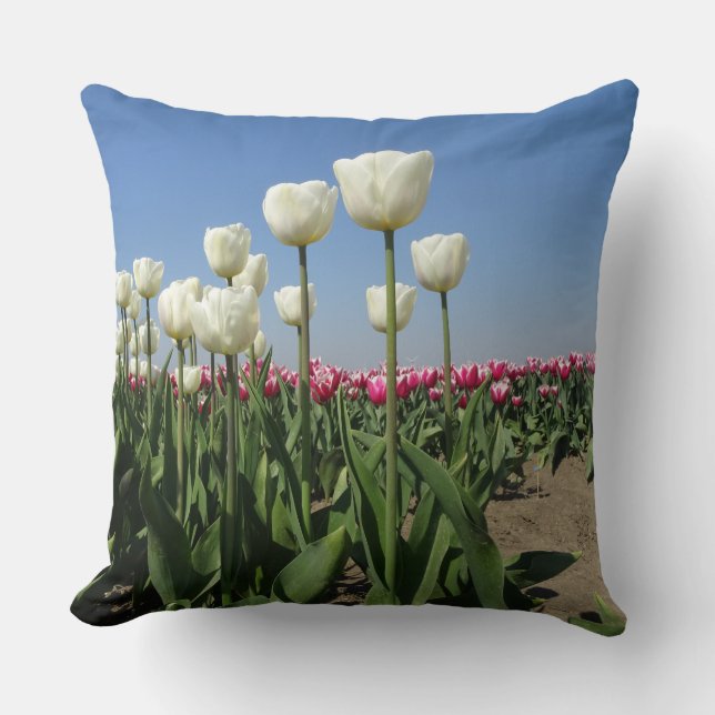 White and Pink Tulips Field Throw Pillow (Front)
