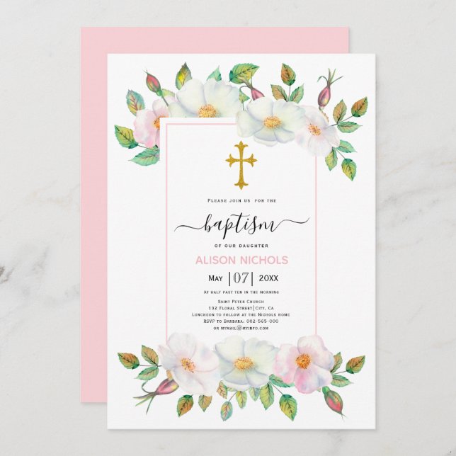 White and pink wild dog rose floral Baptism Invitation (Front/Back)