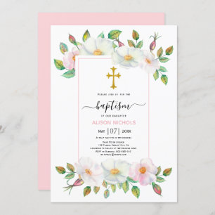 White and pink wild dog rose floral Baptism Invitation