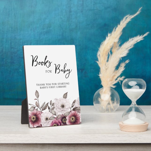 White and Plum Floral Books for Baby Sign Plaque (Side)