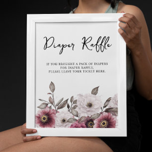 White and Plum Floral Diaper Raffle Baby Shower Poster