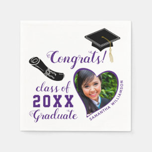 White and Purple Class of 2025 Photo Graduation Napkin