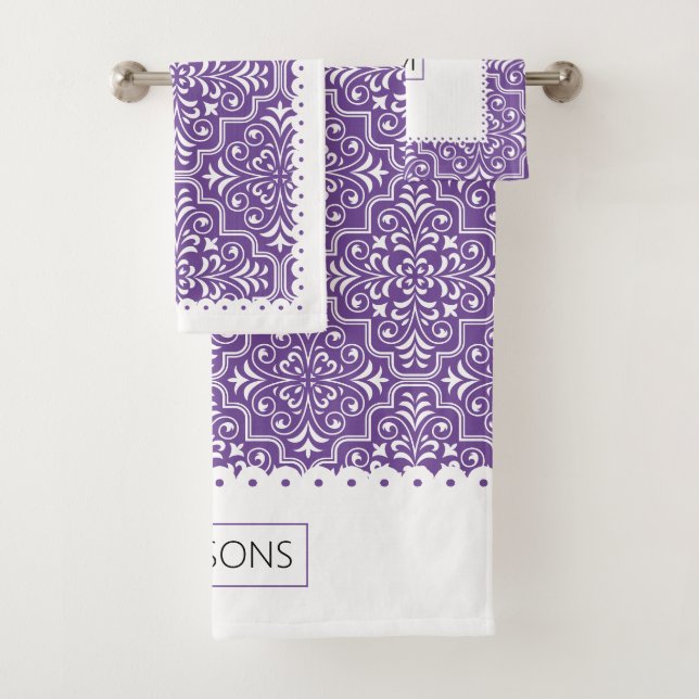 White and purple damask pattern scalloped borders bath towel set (Insitu)