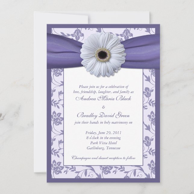 White and Purple Floral Damask Wedding Invitation (Front)