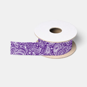 White and Purple Floral Paisley Satin Ribbon