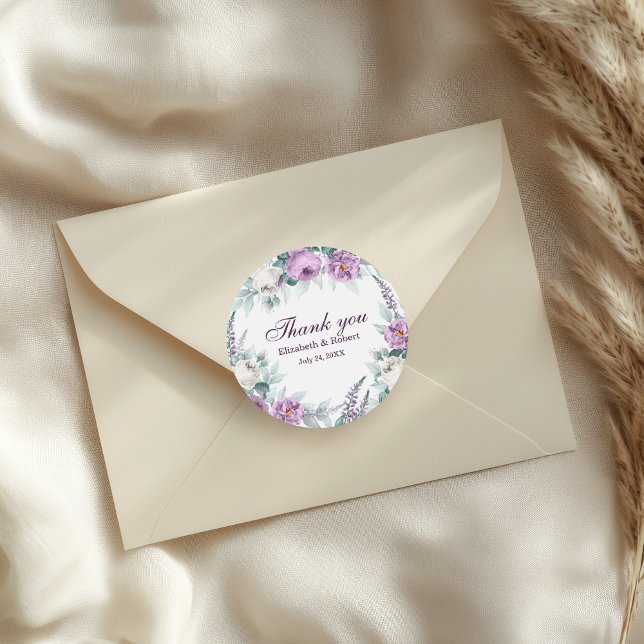 White and Purple Flower Wedding Thank You Sticker (White and Purple Flower Wedding Thank You Sticker on a wedding envelope.)