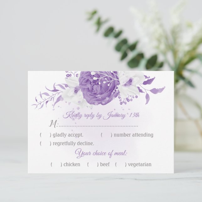 white and purple flowers botanical meal choice RSVP card (Standing Front)