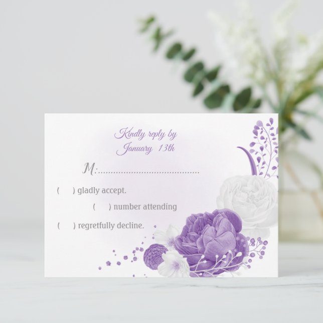 white and purple flowers botanical RSVP card (Standing Front)