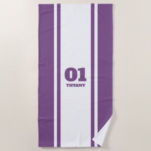 White and Purple Sports Stripe Name & Number Beach Towel