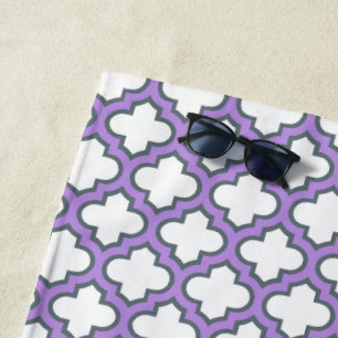 White and Purple Trellis, Lattice, Quatrefoil Beach Towel