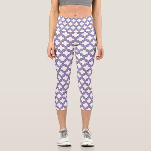 White and Purple Trellis, Lattice, Quatrefoil Capri Leggings