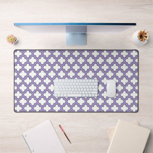 White and Purple Trellis, Lattice, Quatrefoil Desk Mat