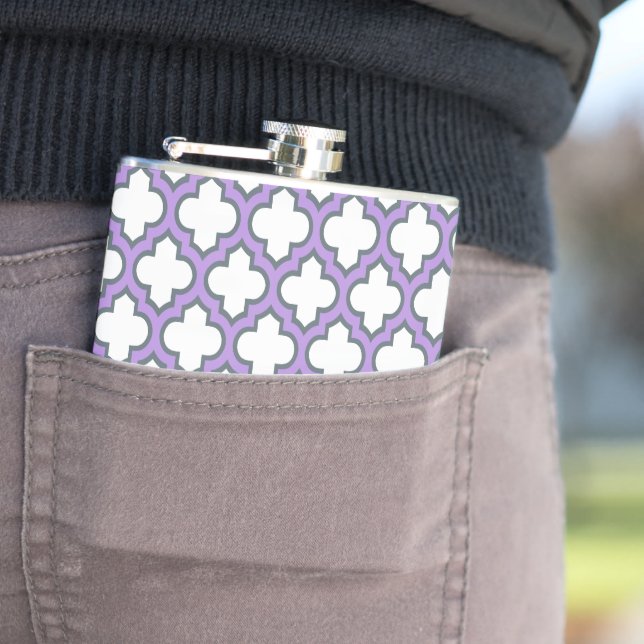 White and Purple Trellis, Lattice, Quatrefoil Hip Flask (In Situ)