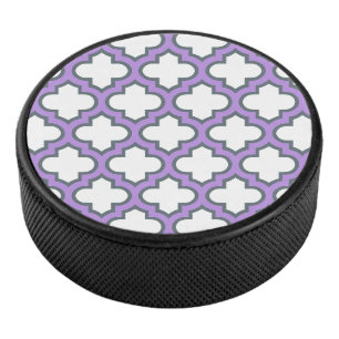 White and Purple Trellis, Lattice, Quatrefoil Hockey Puck