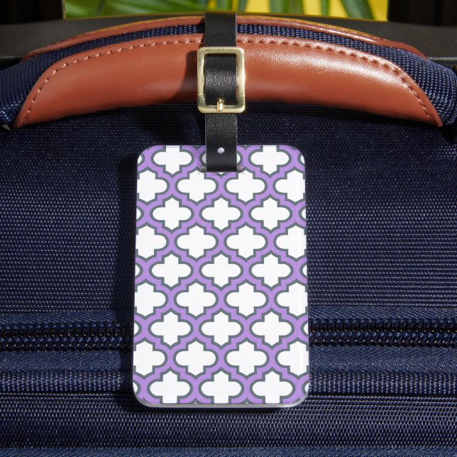 White and Purple Trellis, Lattice, Quatrefoil Luggage Tag (Front Insitu 2)