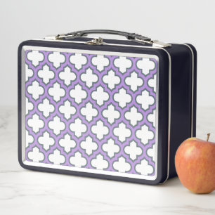 White and Purple Trellis, Lattice, Quatrefoil Metal Lunch Box